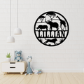 Personalised safari animal metal wall art displayed in a modern jungle-themed kids bedroom