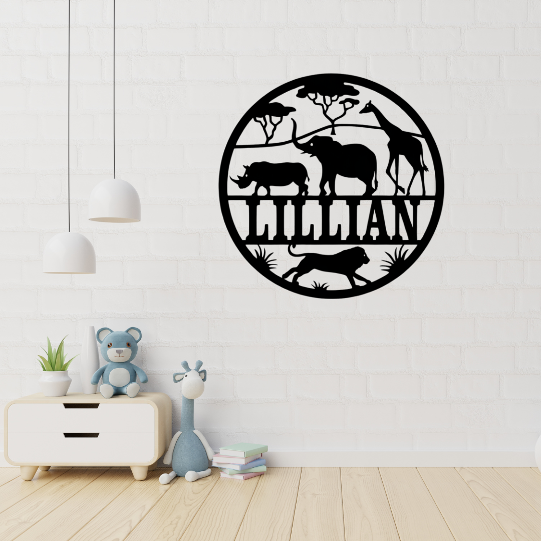 Personalised safari animal metal wall art displayed in a modern jungle-themed kids bedroom