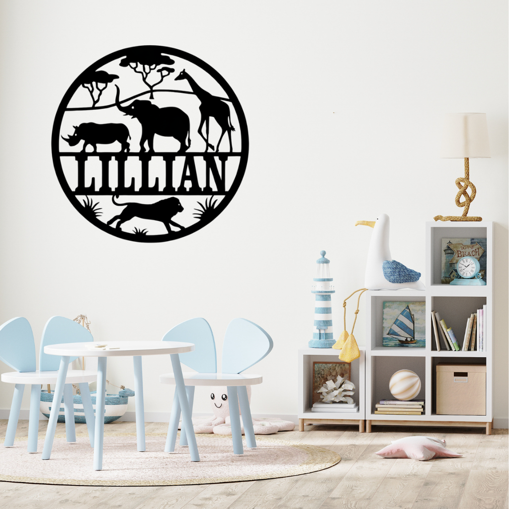 Custom safari metal name sign styled above a nursery crib with warm safari décor