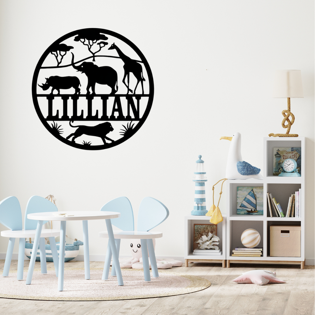 Custom safari metal name sign styled above a nursery crib with warm safari décor