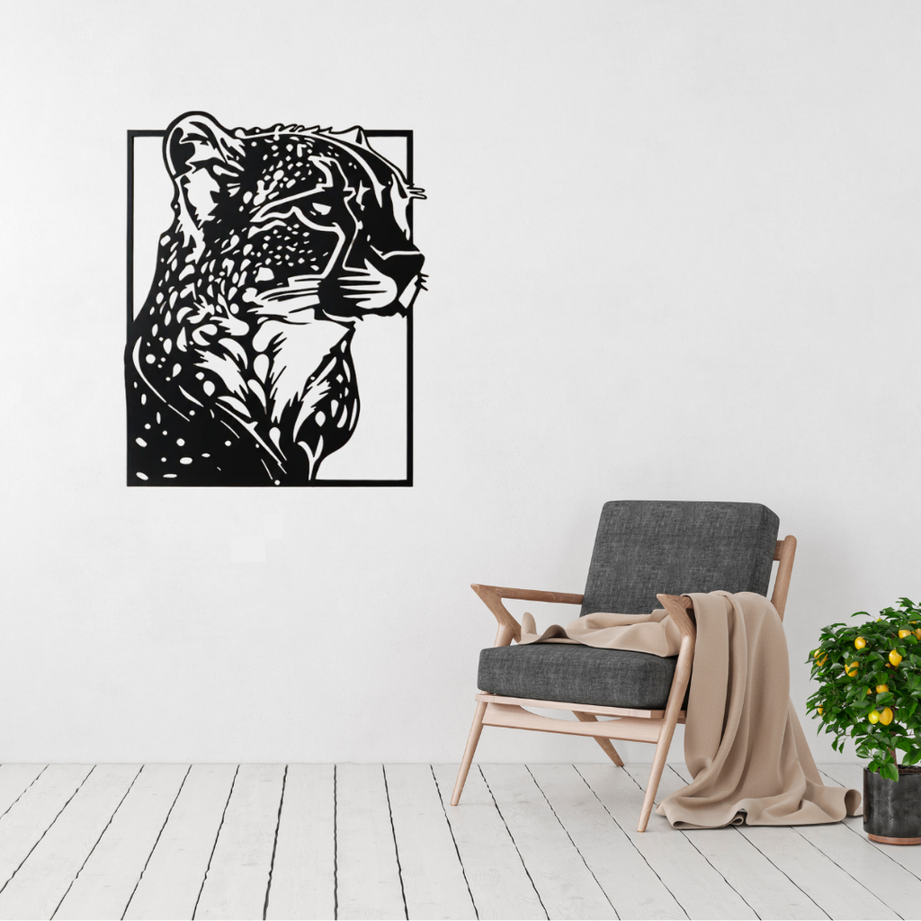 Shadow Predator | Leopard Metal Wall Art displayed in a modern living room.
