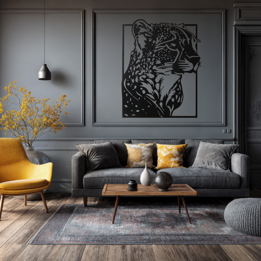 Shadow Predator | Leopard Metal Wall Art mounted above a contemporary sofa in a stylish living room.