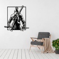 Shadow Ronin Samurai Warrior Metal Wall Art displayed in a bright, modern living room above a contemporary armchair.