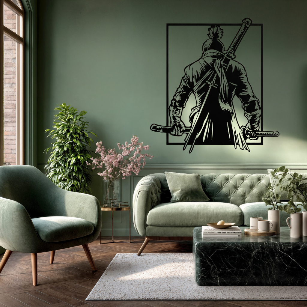 Shadow Ronin Samurai Warrior Metal Wall Art showcased above a modern sofa in a stylish contemporary living room.