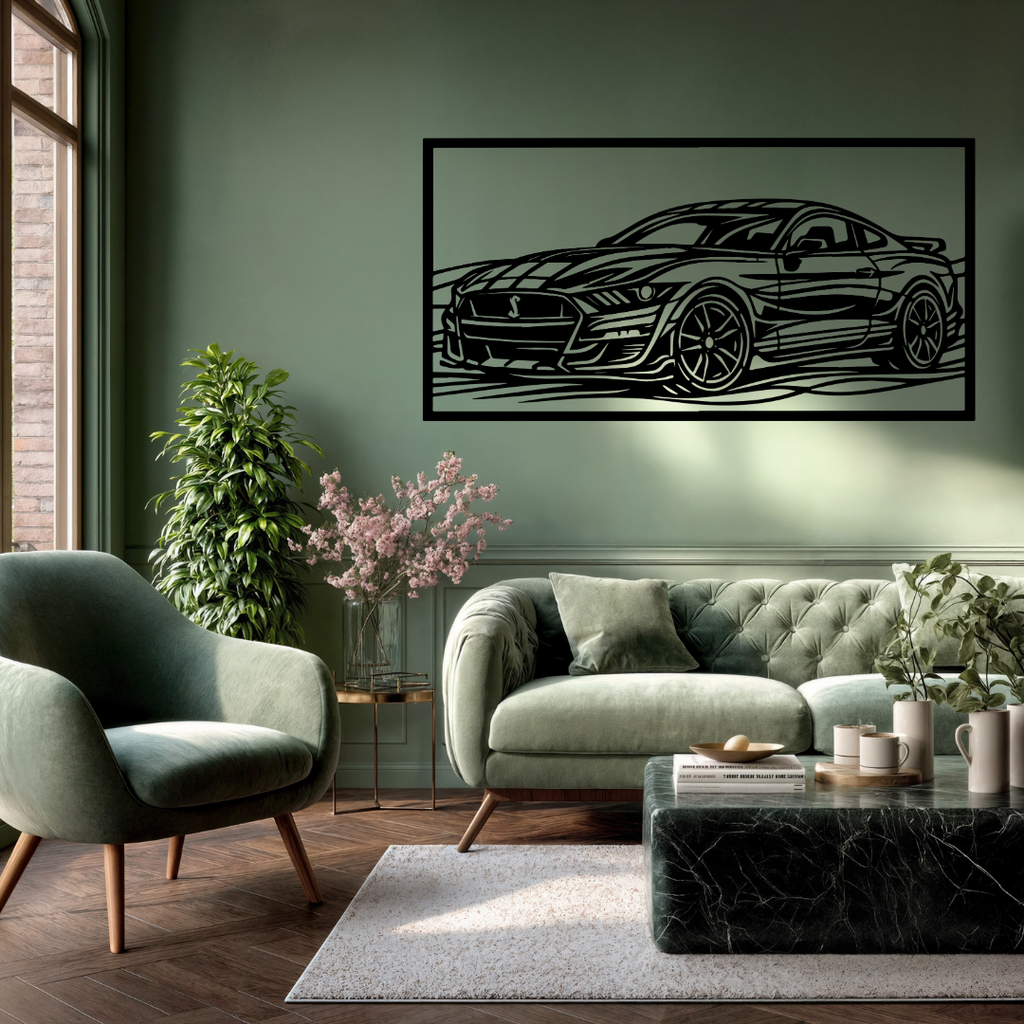 Shelby Fury Ford Mustang GT500 Metal Wall Art mounted above a contemporary sofa in a stylish living space.