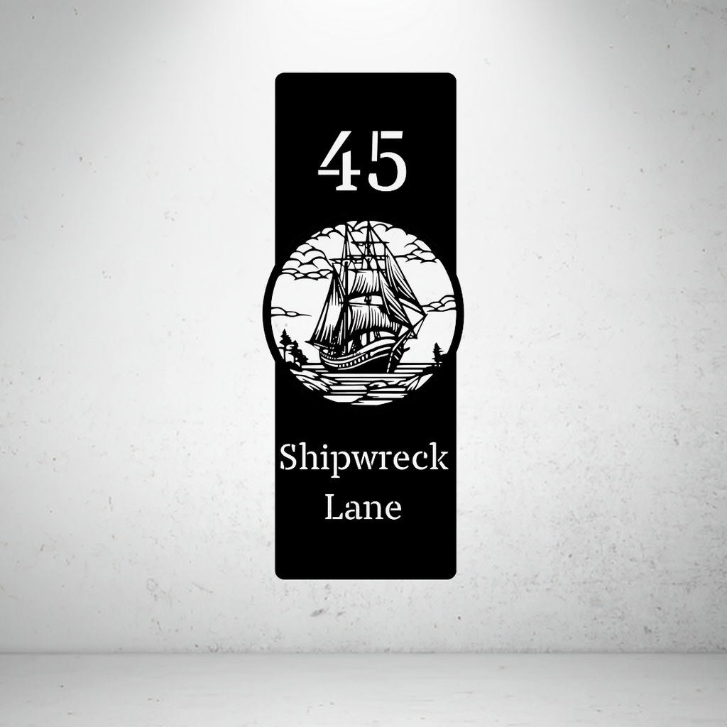 Shipwreck Lane personalised vertical metal house number sign featuring a vintage sailing ship and custom street name.
