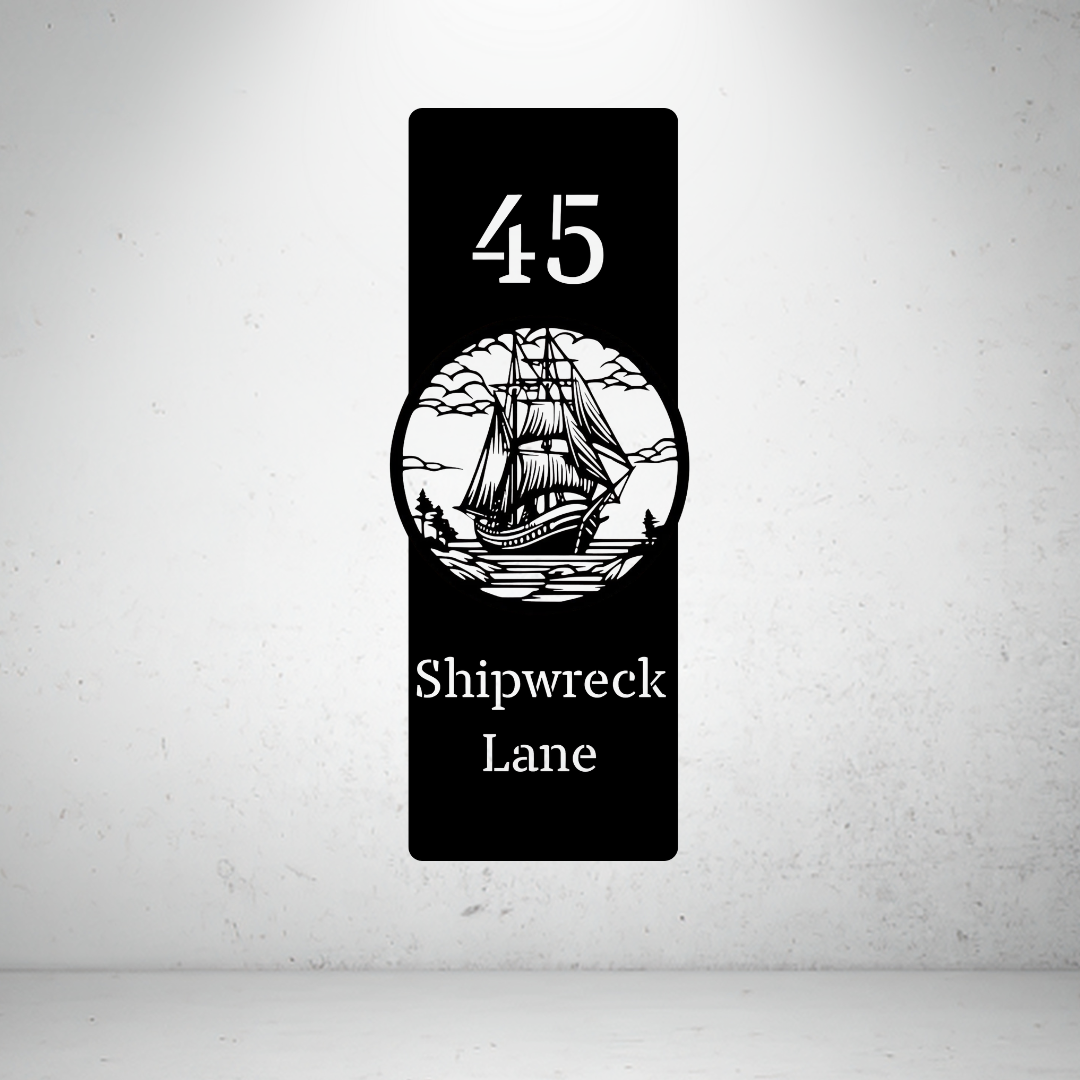 Shipwreck Lane personalised vertical metal house number sign featuring a vintage sailing ship and custom street name.