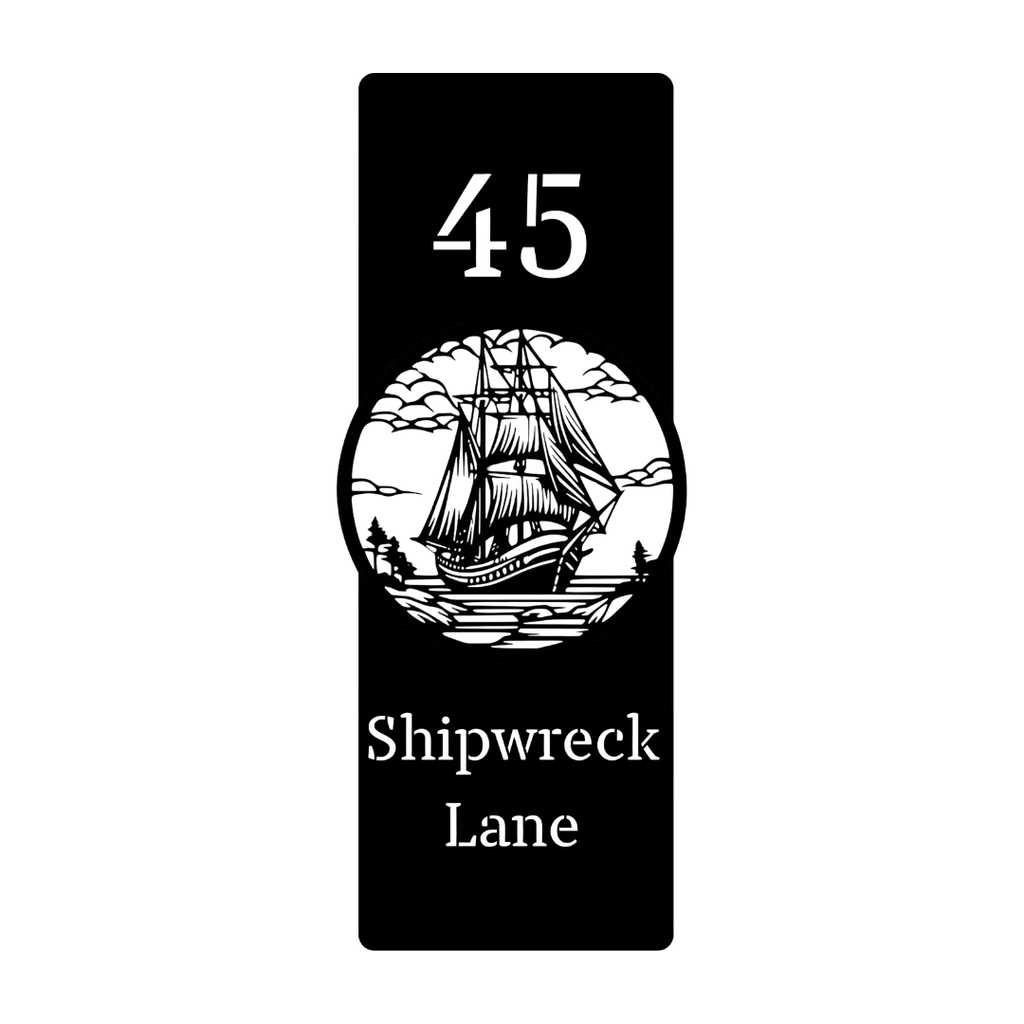 Close-up of the Shipwreck Lane custom laser-cut steel address plaque with detailed sailing ship artwork.