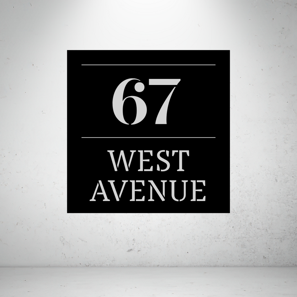 Metal house number and street name sign on a grey background with bold modern typography