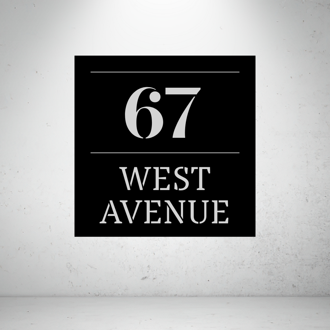 Metal house number and street name sign on a grey background with bold modern typography