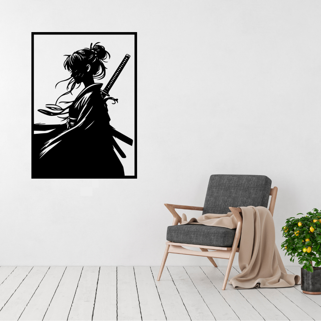 Silent Blade Female Samurai Metal Wall Art displayed in a bright, modern living room above a contemporary armchair.