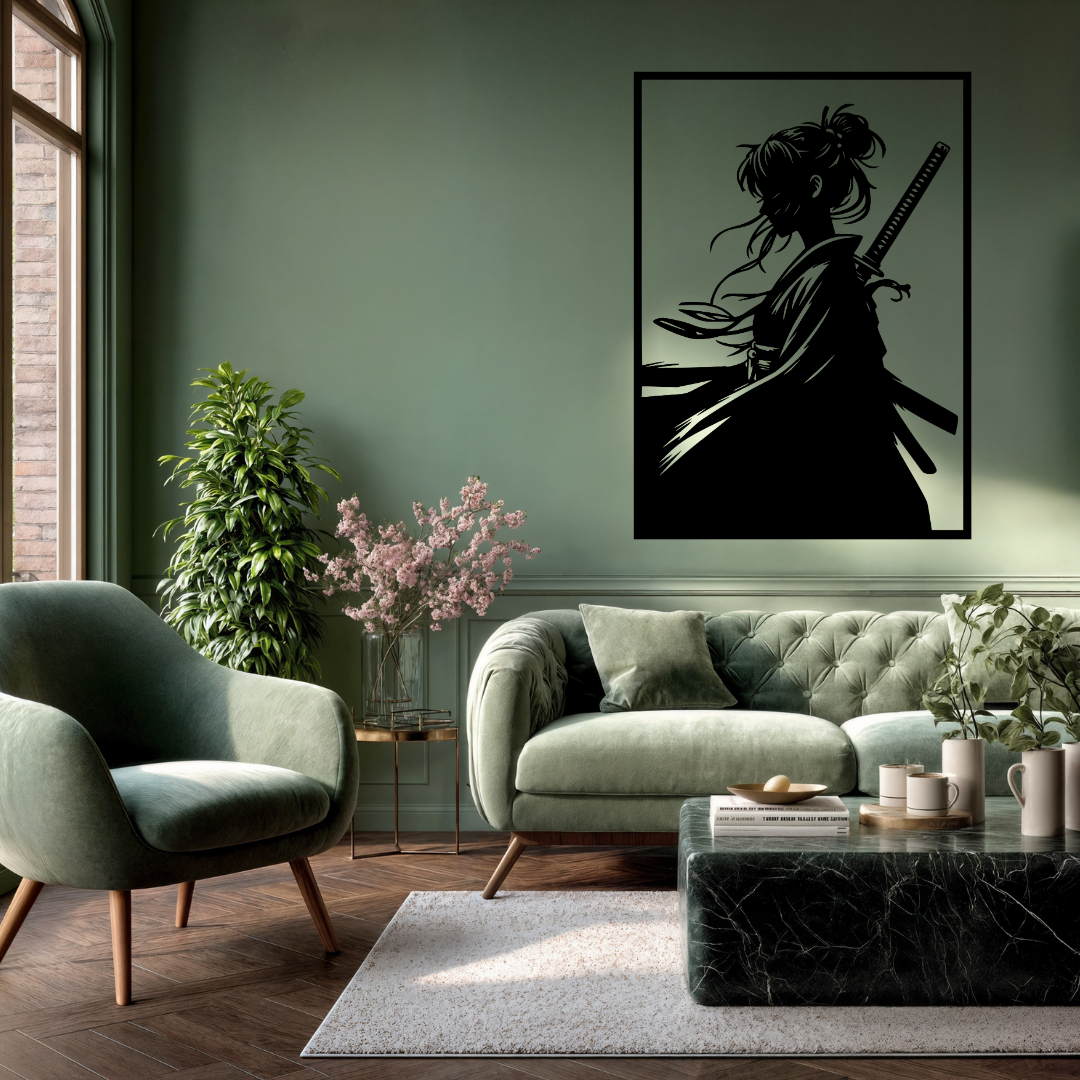 Silent Blade Female Samurai Metal Wall Art showcased above a modern sofa in a contemporary living room.