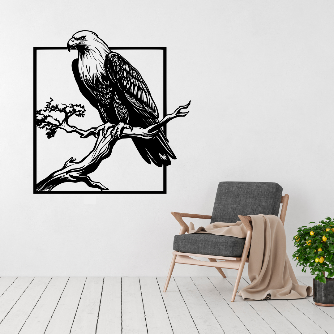 Silent Guardian bald eagle metal wall art displayed above a contemporary chair in a stylish modern interior