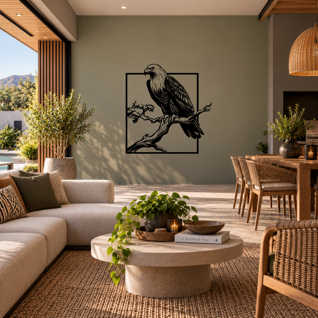 Silent Guardian bald eagle metal wall art displayed in a modern room with contemporary wildlife-inspired décor