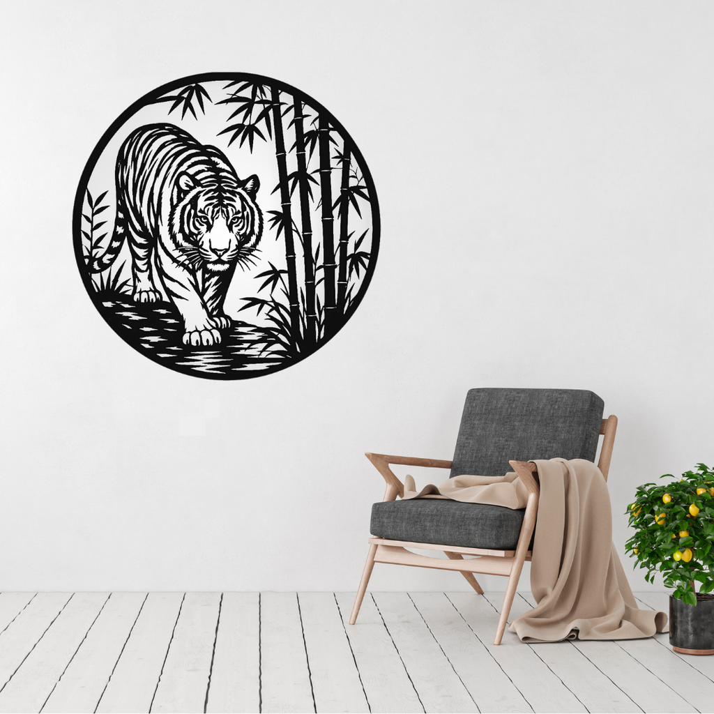 Silent Hunter | Tiger Bamboo Metal Wall Art displayed on a modern living room wall above a grey accent chair, featuring a majestic tiger walking through a bamboo forest in a precision-cut circular black metal design.