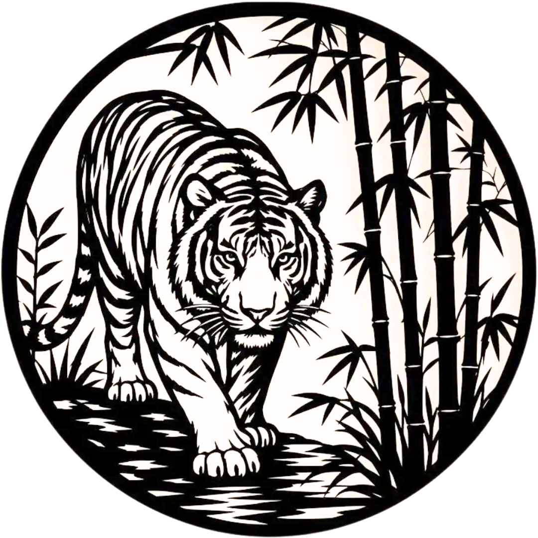Silent Hunter | Tiger Bamboo Metal Wall Art featuring an intricate tiger walking through a bamboo grove, precision cut from black powder-coated steel in a contemporary circular metal design.