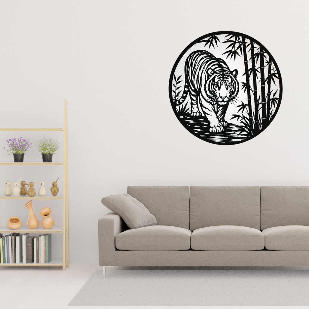 Silent Hunter | Tiger Bamboo Metal Wall Art showcased above a contemporary sofa, creating a bold nature-inspired focal point with a detailed tiger and bamboo forest in precision-cut black metal.