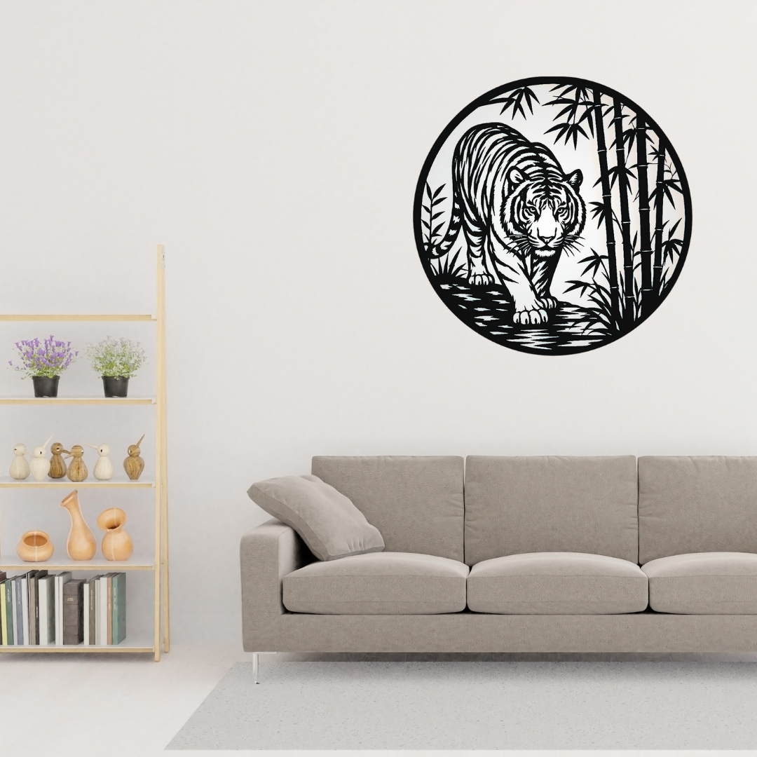 Silent Hunter | Tiger Bamboo Metal Wall Art showcased above a contemporary sofa, creating a bold nature-inspired focal point with a detailed tiger and bamboo forest in precision-cut black metal.