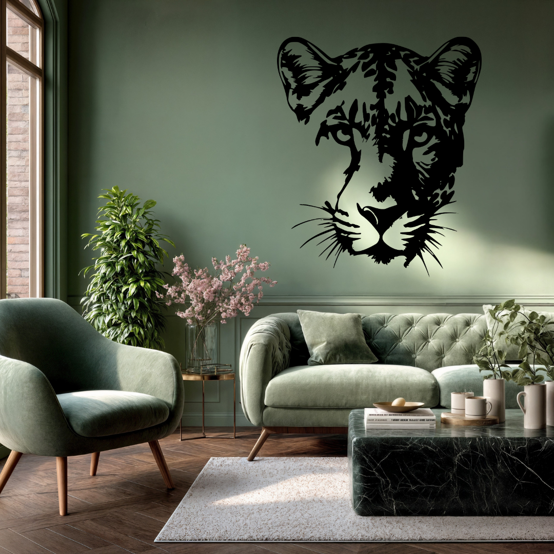 Silent Majesty Leopard Face Metal Wall Art showcased above a contemporary sofa in a stylish modern living room.