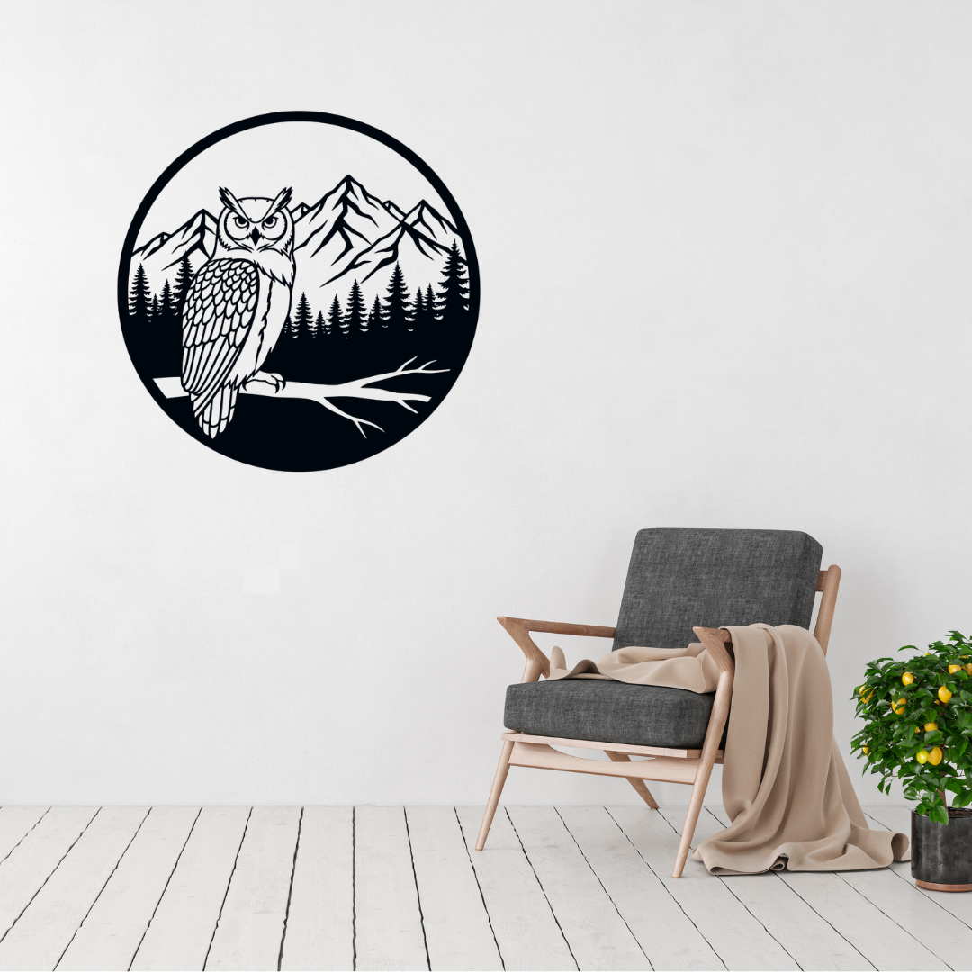 Silent Wisdom | Owl & Mountain Metal Wall Art