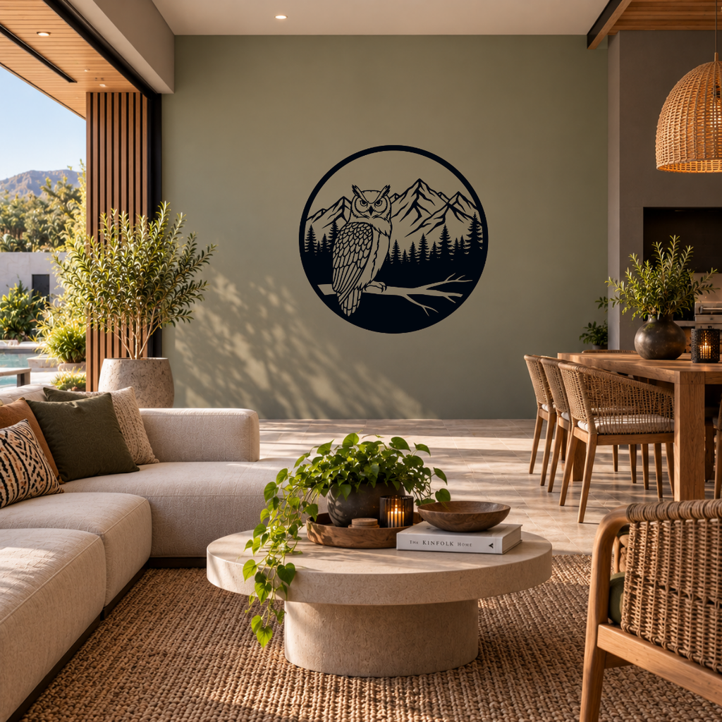 Silent Wisdom | Owl & Mountain Metal Wall Art