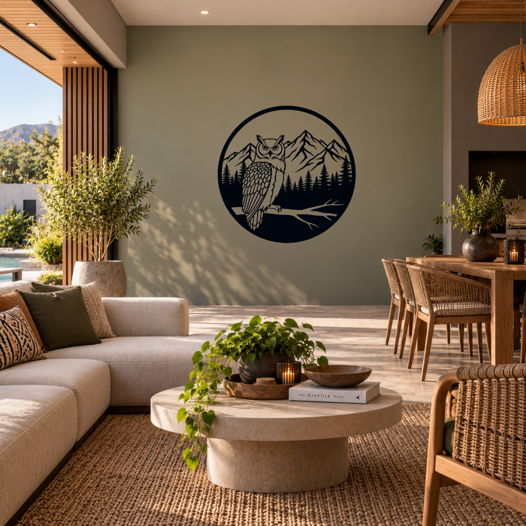 Silent Wisdom | Owl & Mountain Metal Wall Art