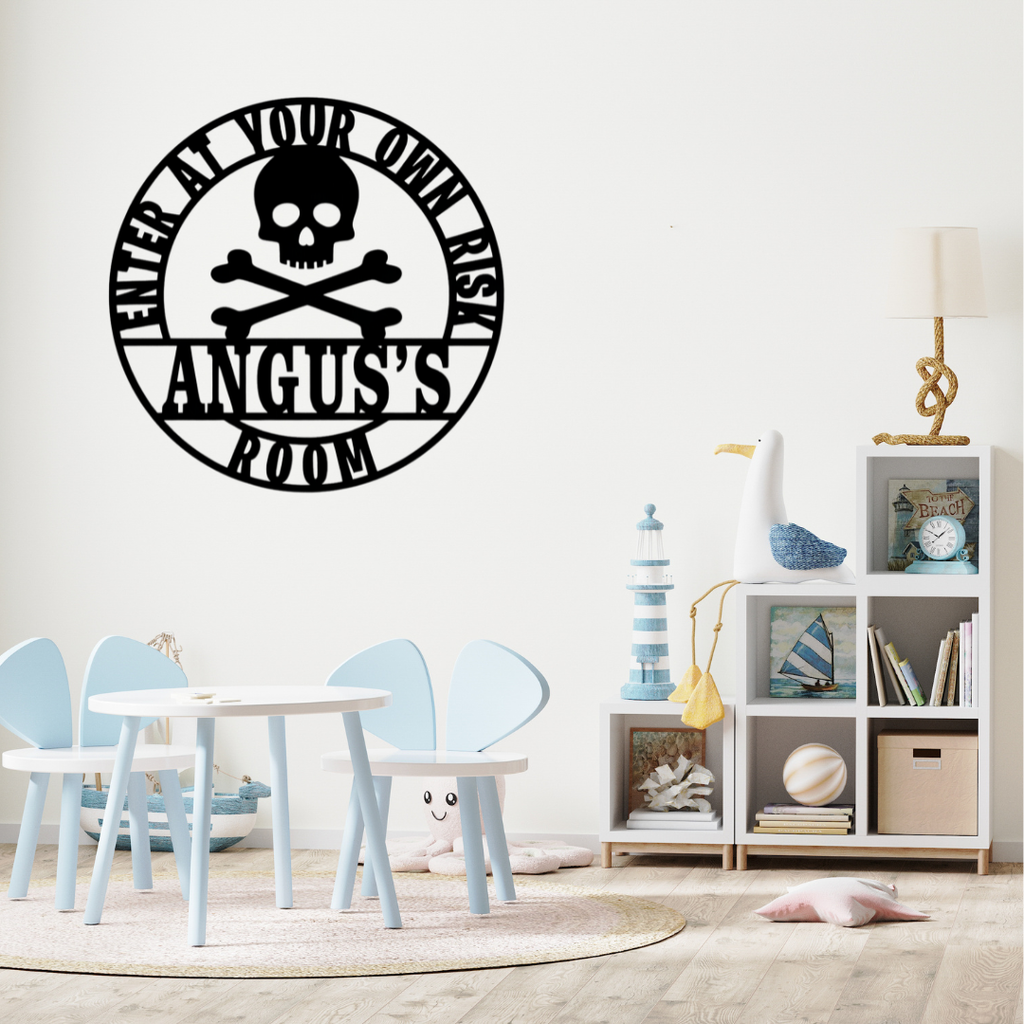 Pirate-themed décor styled in a nautical kids playroom