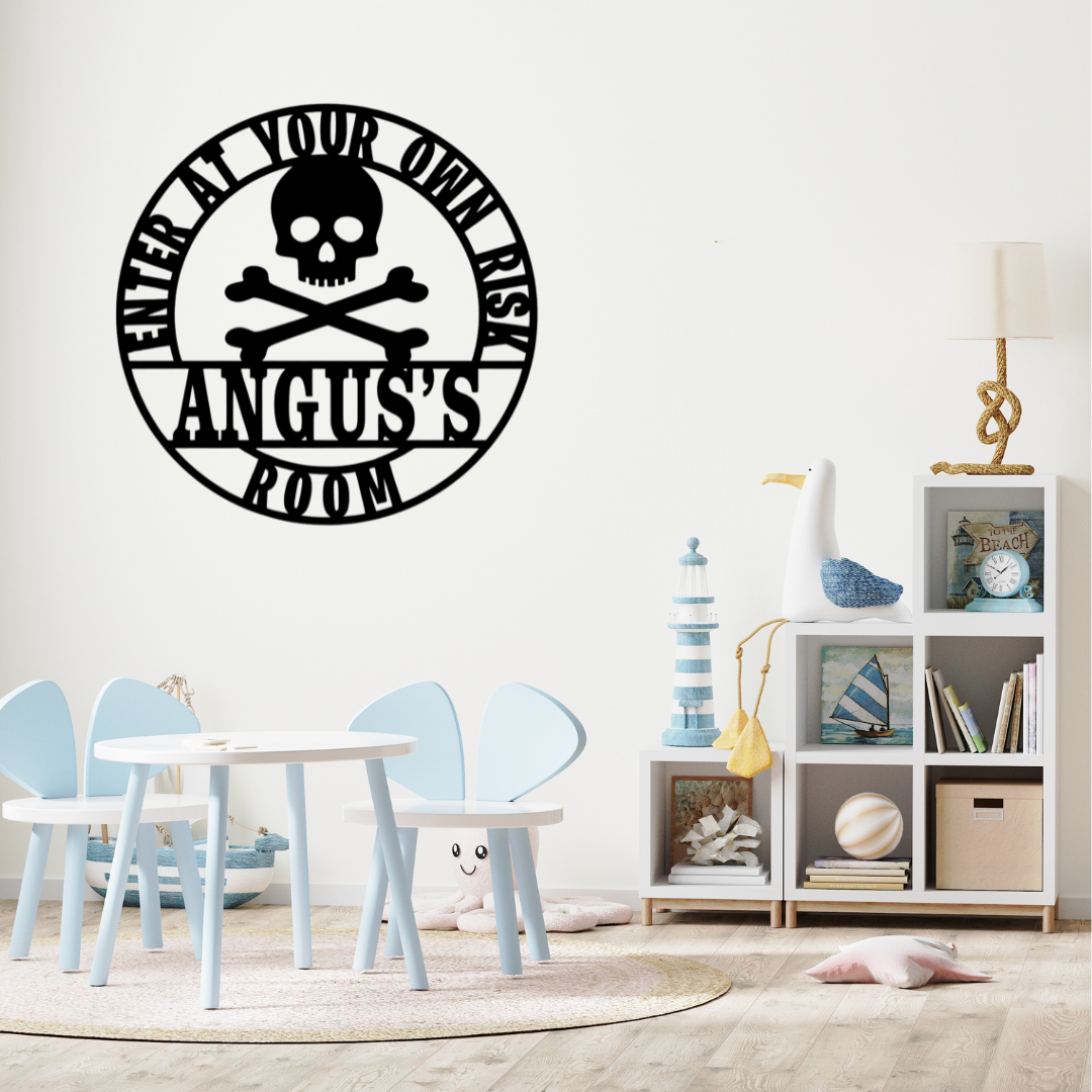 Pirate-themed décor styled in a nautical kids playroom