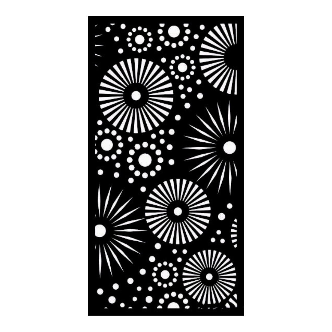 Sky Bursts decorative metal privacy panel isolated on a white background with modern firework cut-outs