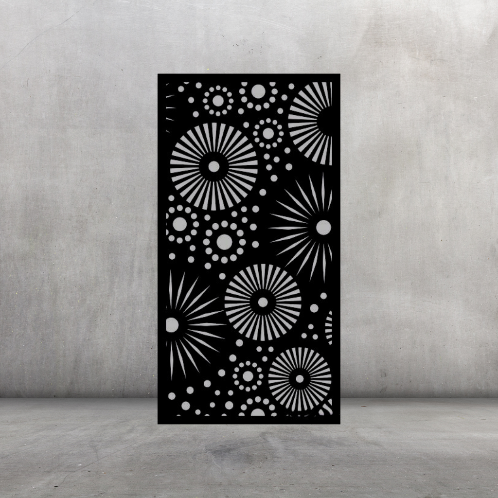 Sky Bursts modern metal privacy screen displayed against a dark grey wall with dynamic explosion-style design