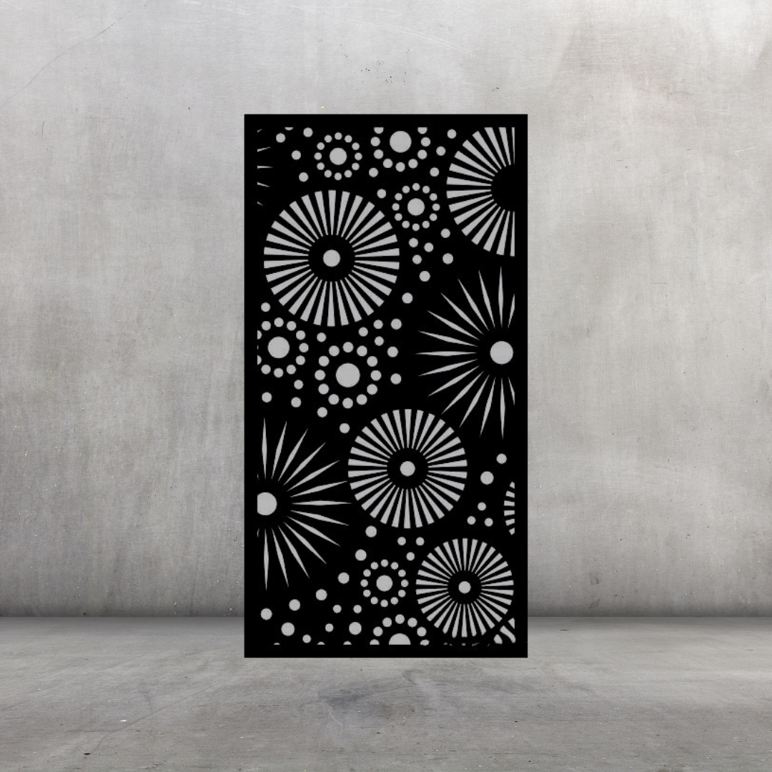 Sky Bursts modern metal privacy screen displayed against a dark grey wall with dynamic explosion-style design
