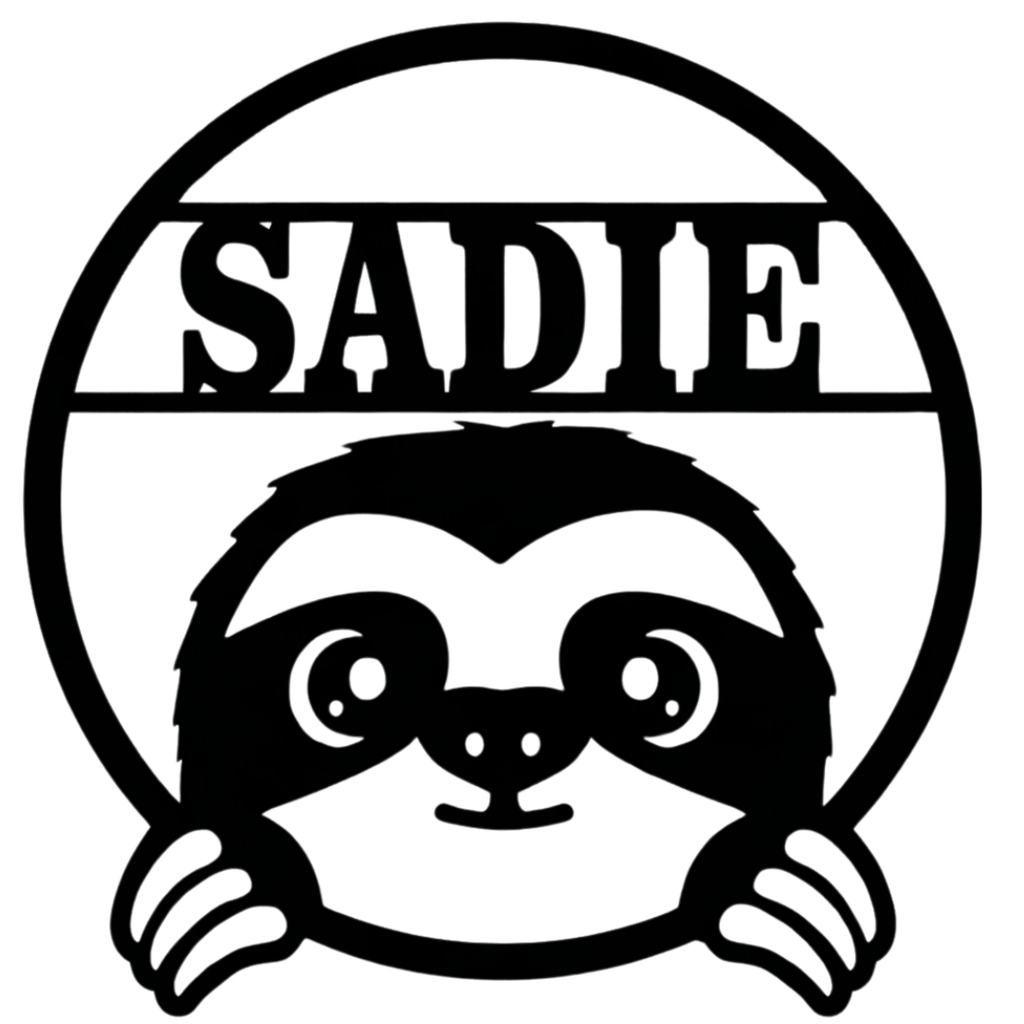 Snoozy Jungle Buddy sloth metal name sign on clean white background