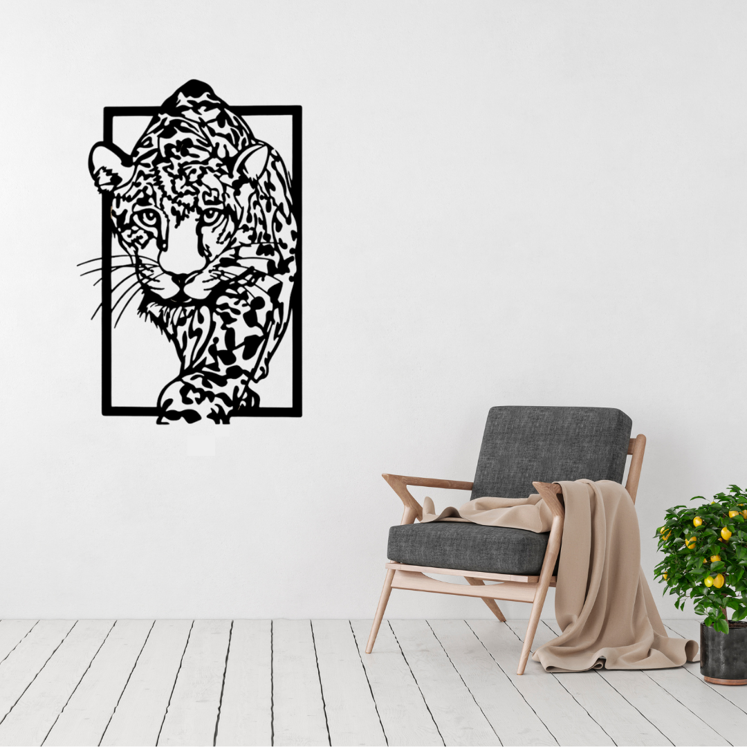 Snow Phantom | Snow Leopard Metal Wall Art displayed in a modern living room.