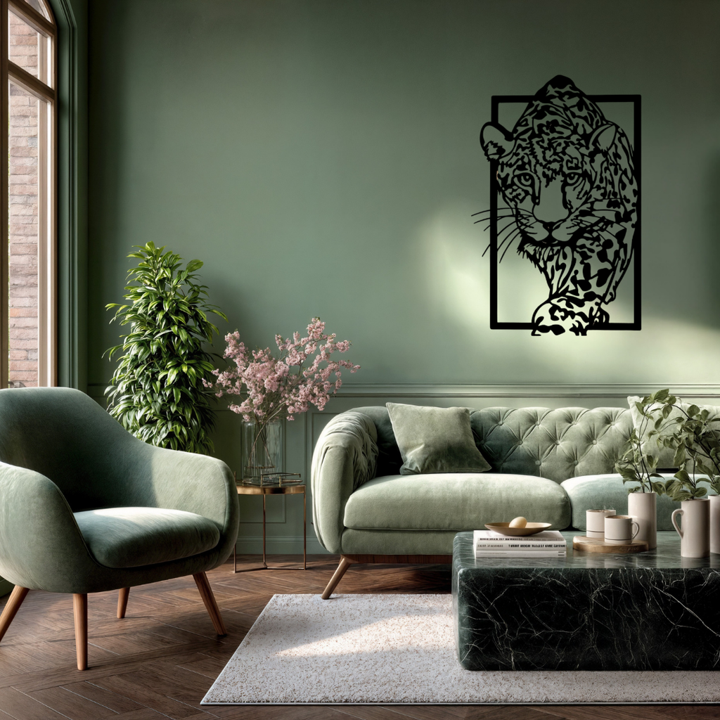 Snow Phantom | Snow Leopard Metal Wall Art mounted in a stylish contemporary living room.