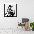 Spartan Valor Warrior Metal Wall Art displayed in a bright, modern living room above a contemporary armchair.