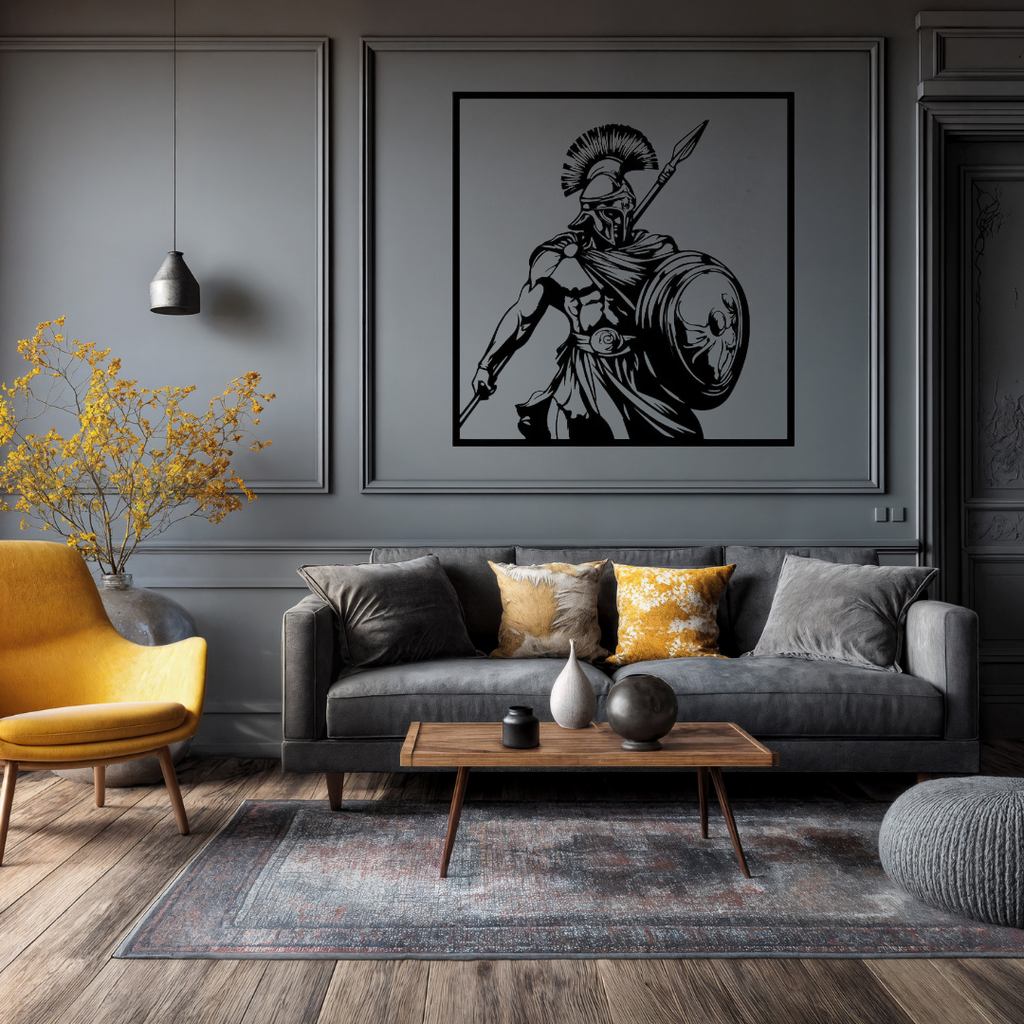 Spartan Valor Warrior Metal Wall Art showcased above a modern sofa in a stylish contemporary living room.