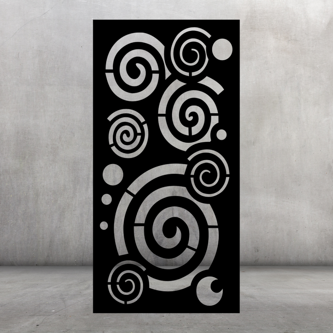 Spiral Flow modern metal privacy screen displayed against a dark grey wall with repeating spiral and circular forms