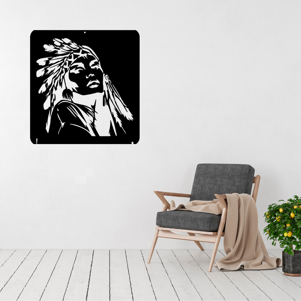 Spirit of the Plains native-inspired metal wall art displayed on a bright modern living room wall.