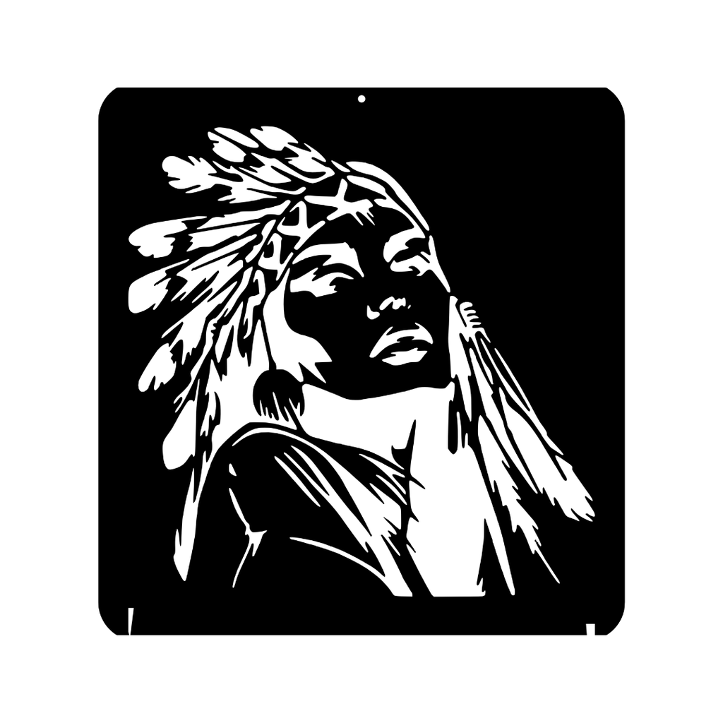 Close-up of the Spirit of the Plains laser-cut metal wall art featuring a detailed portrait with a feathered headdress.