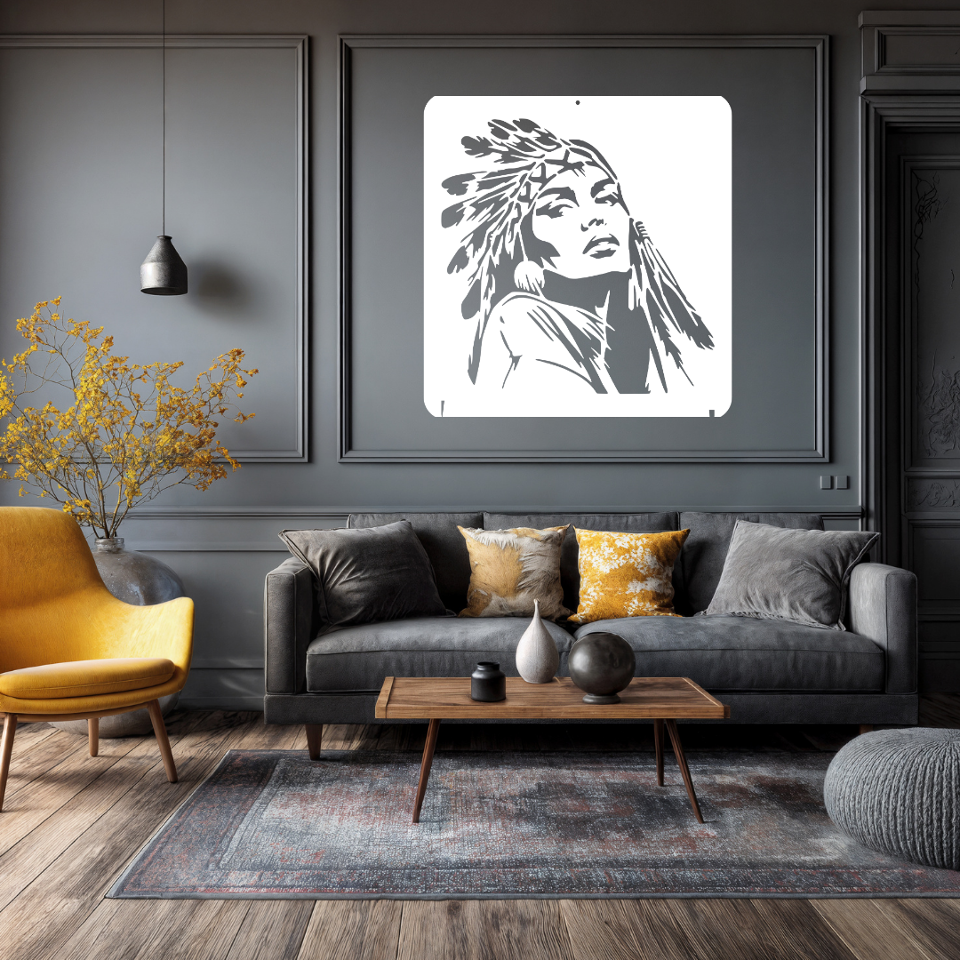 Spirit of the Plains metal wall art showcased above a contemporary grey sofa in a stylish modern living room.