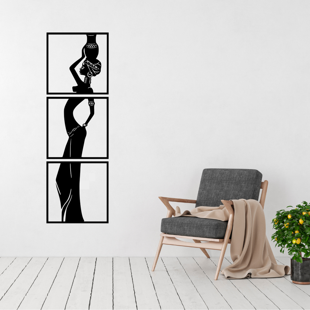 Spirit of Tradition African woman three panel metal wall art displayed above a contemporary chair in a stylish modern interior