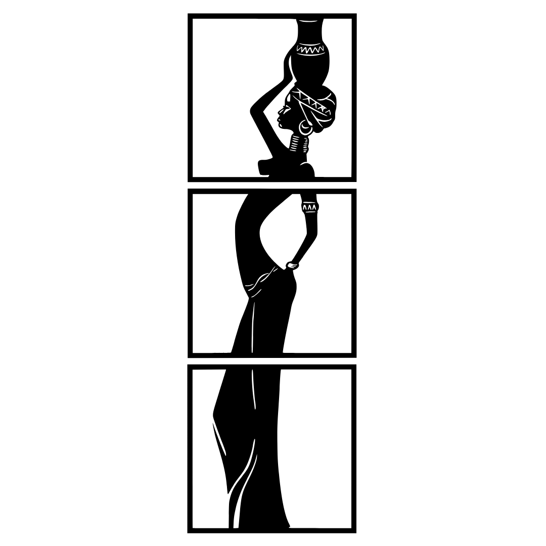 Spirit of Tradition African woman three panel metal wall art isolated on a white background showing an elegant traditional African silhouette