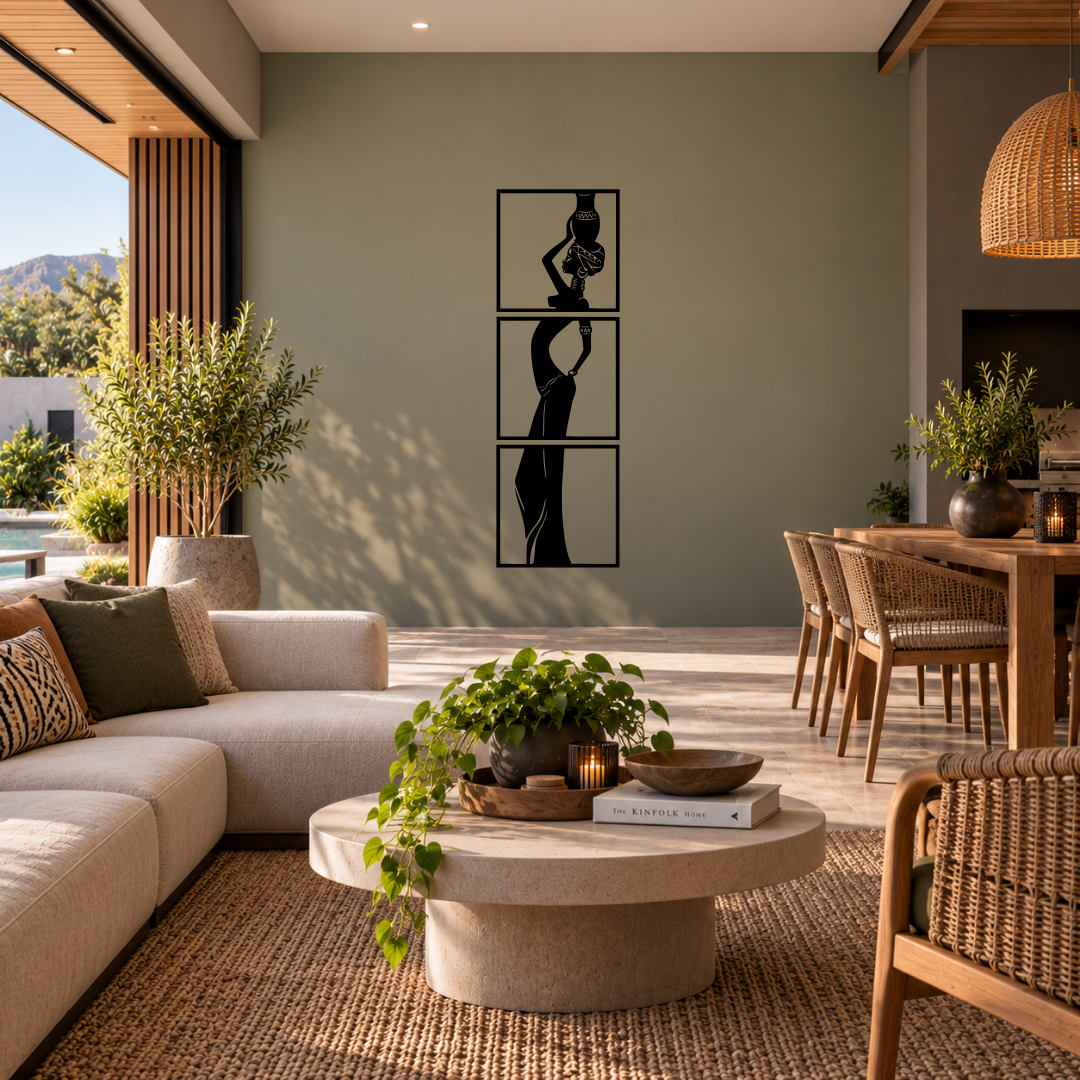 Spirit of Tradition African woman three panel metal wall art displayed across a modern room with contemporary African-inspired décor
