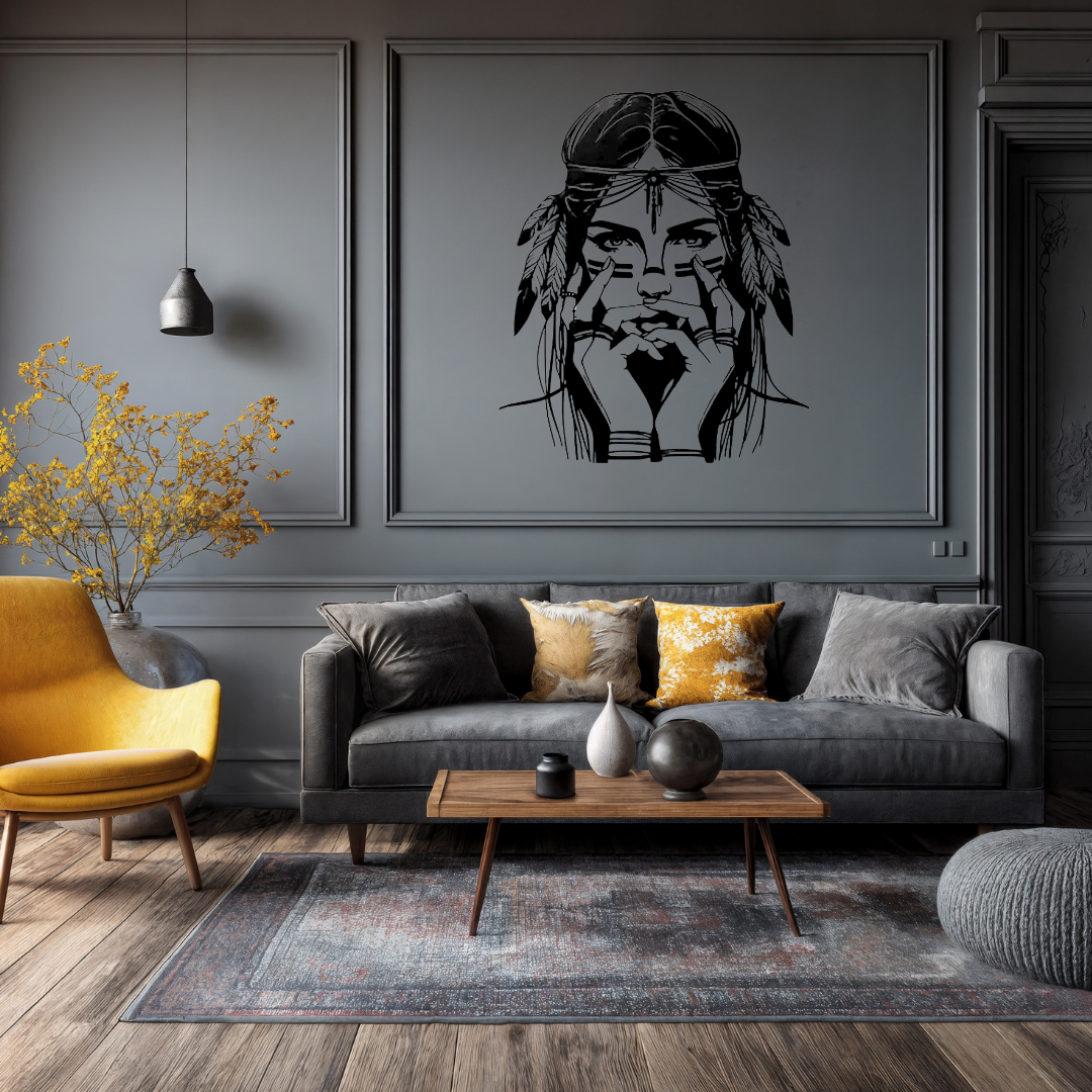 Spirit Within | Tribal Beauty Metal Wall Art mounted above a contemporary sofa in a stylish living room.