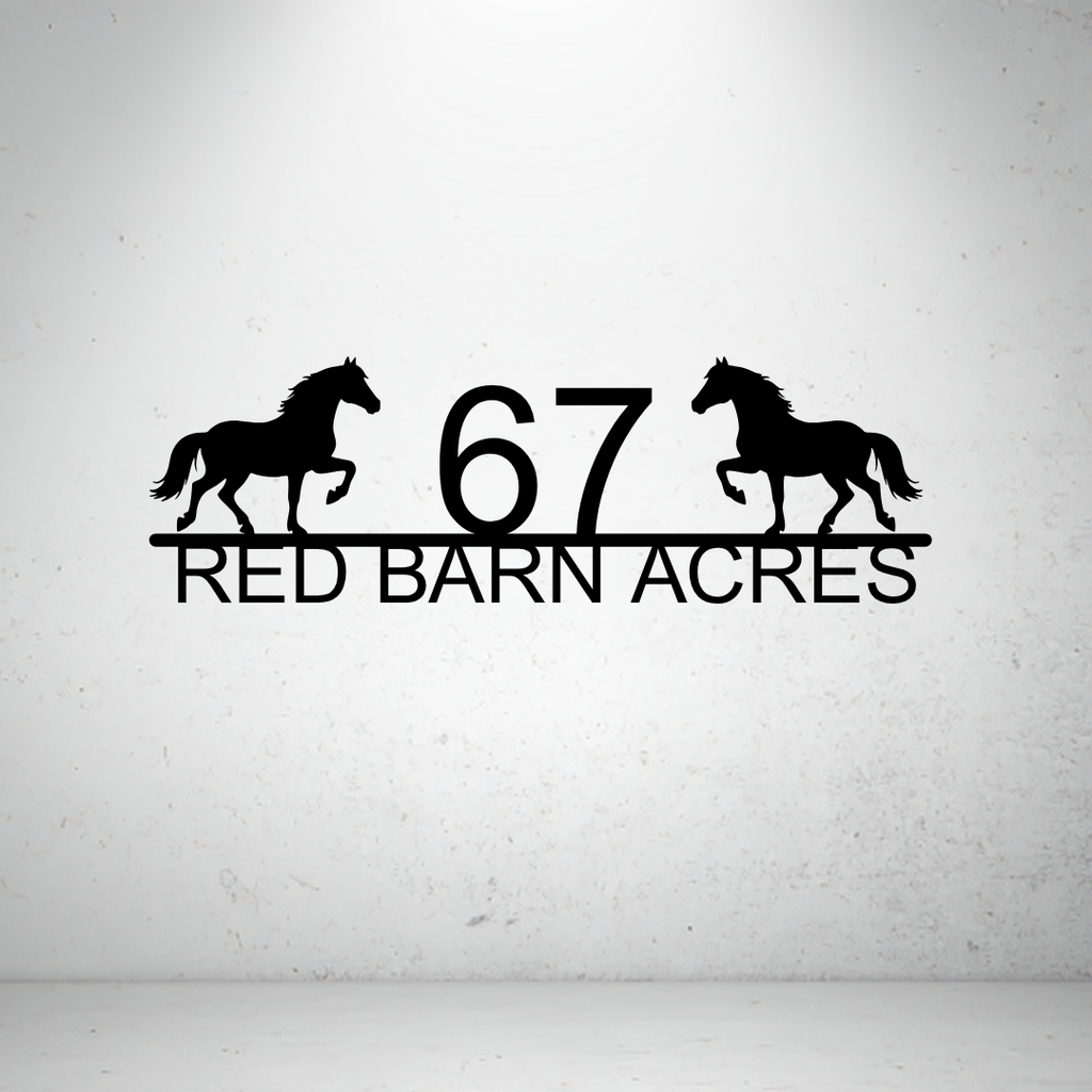 Metal house number farm sign with horse silhouettes on a grey background