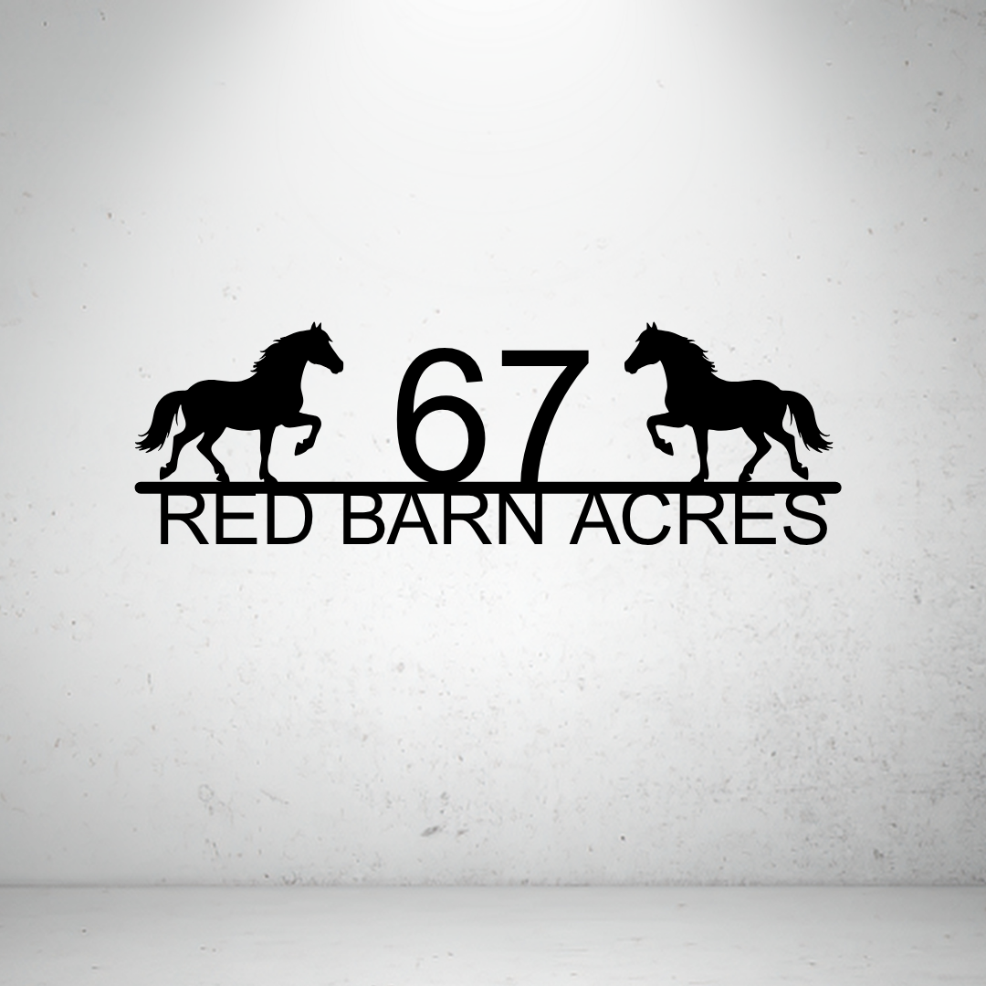 Metal house number farm sign with horse silhouettes on a grey background