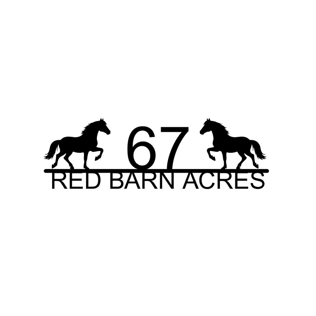 Metal house number plaque isolated on a plain white background with equestrian design