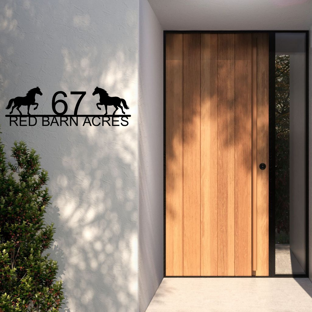 Metal house number horse farm address sign mounted at a country home entrance