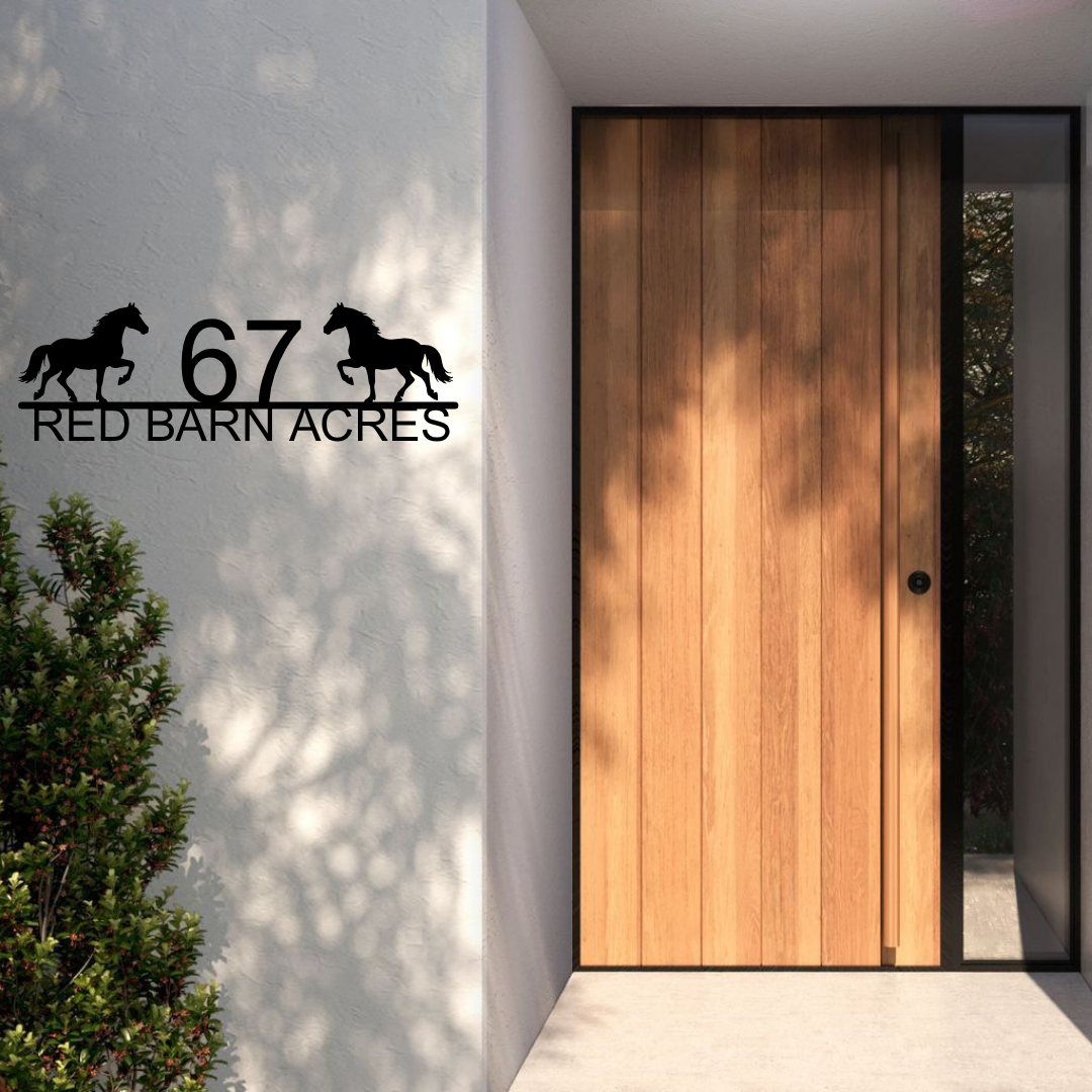 Metal house number horse farm address sign mounted at a country home entrance
