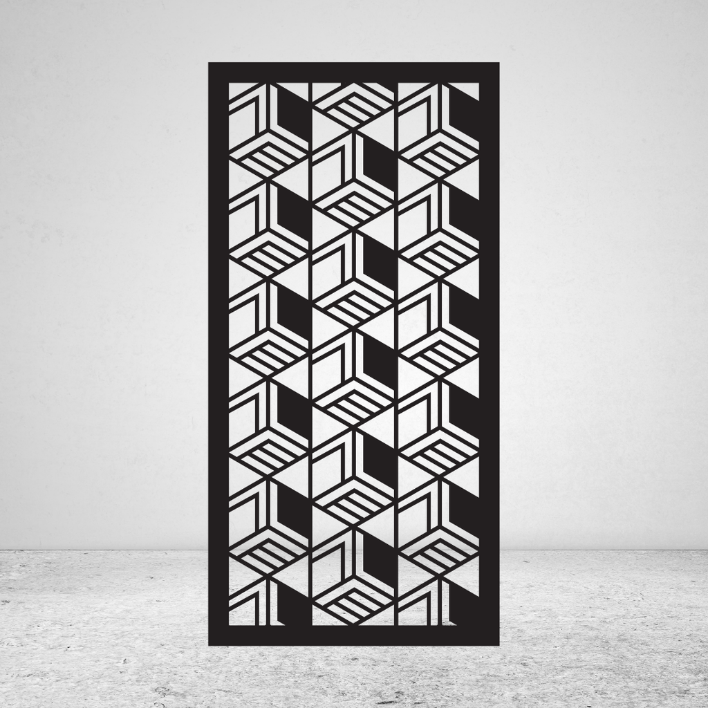 Stacked Form 3D geometric metal privacy screen with repeating open box shapes and inset linear detailing